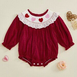 Valentine's Day Embroidered Heart Baby Girls Bubble Romper Jumpsuit